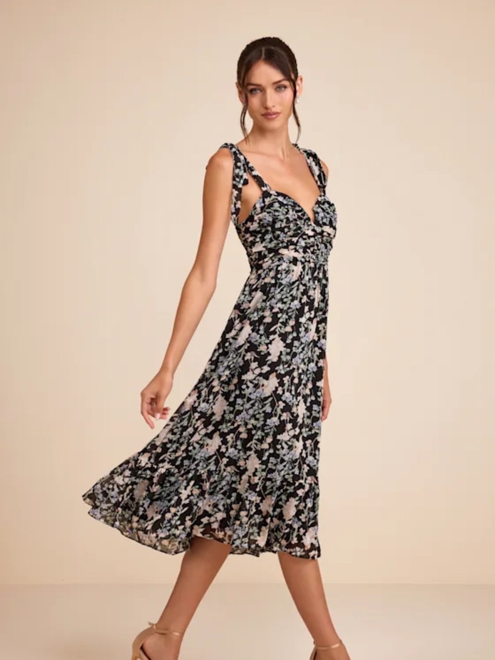 Lush Loveliness Black Floral Lurex Tie-Strap Midi Dress
